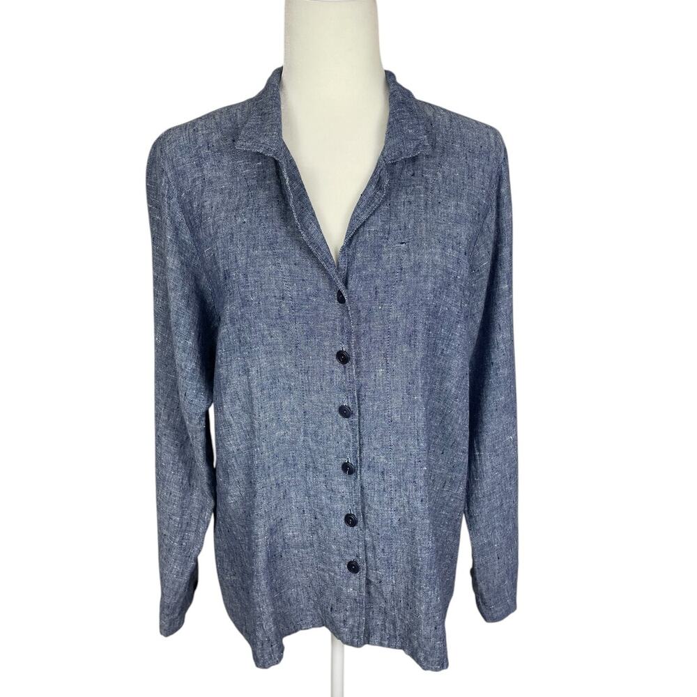 Flax 100% Linen Button Front Long Sleeve Shirt Blue Small Lagenlook Minimalist